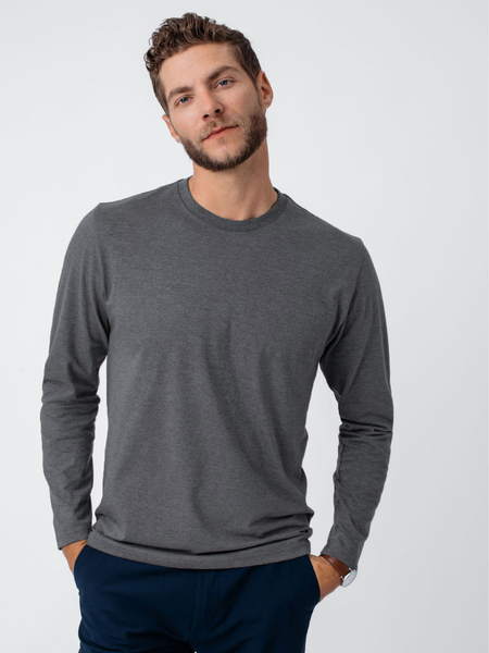 Joe is 6'2, 177LBS and wears a size L # Carbon Grey Long Sleeve Tee | Fresh Clean Threads
