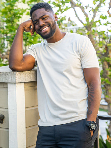 Jared is 6'3, 210lbs and wears a size L # Summer Saver's 5-Pack Sand Crew Neck Tee Model | Fresh Clean Threads