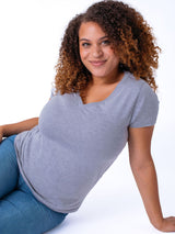 Micah is 5'9, size 10 and wears a size L # Women's V-Neck T-Shirt in Heather Grey | Fresh Clean Threads
