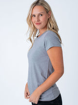 Maddy is 5'8", size 4 and wears a size S # Women's Basic Heather Grey Crew Neck | Fresh Clean Threads