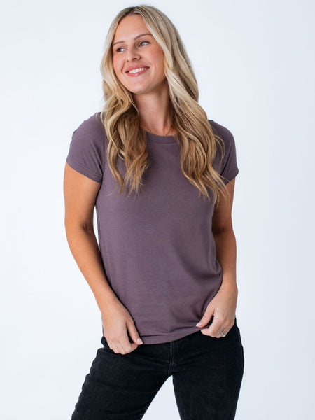 Maddy is 5'8", size 4 and wears a size S # Women's Purple Galaxy Crew Neck T-Shirt | Fresh Clean Threads