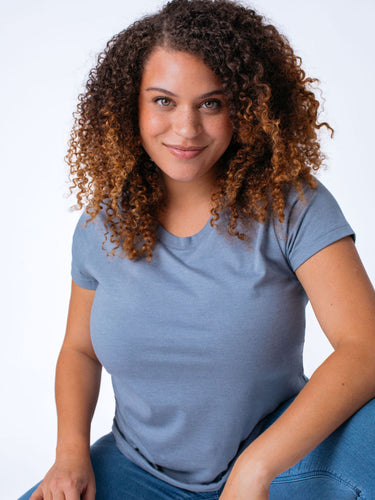 Micah is 5'9, size 10 and wears a size L # Ladies' Crew Neck T-shirt in Wedgewood Blue | Fresh Clean Threads