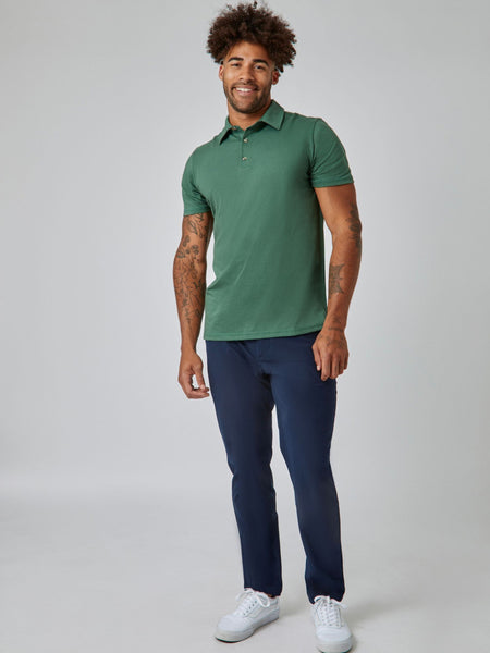 Joe is 6', 180LBS and wears a size L # Alpine Green Torrey Polo | Studio Model Image | Fresh Clean Threads