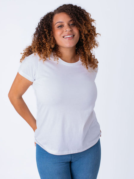 Micah is 5'9, size 10 and wears a size L # Black Friday Women's Crew 5-Pack | White Crew Neck | Fresh Clean Threads