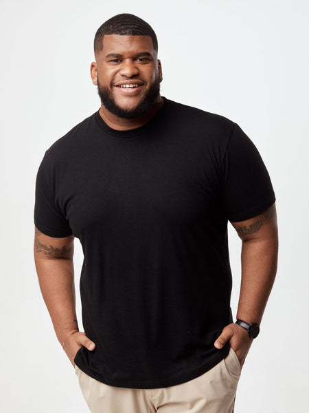 Steven is 6', 275lbs and wears a size 3xl # Black Crew Neck Tee | Steven wears size 3XL tees | Fresh Clean Threads