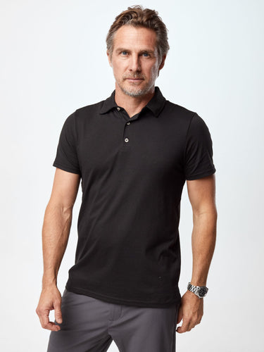 Ariel is 6'1, 175lbs and wears a size M # Summer Foundation Polo 5-Pack | Black | Fresh Clean Threads