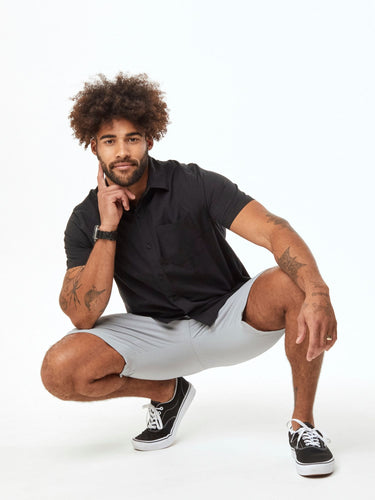 a blend of ultra-soft, breathable materials # Black Short Sleeve Stretch Button Up for Men | Fresh Clean Threads