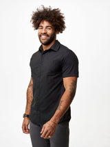 Joe is 6', 180LBS and wears a size L  # Black Short Sleeve Stretch Button Ups | Fresh Clean Threads