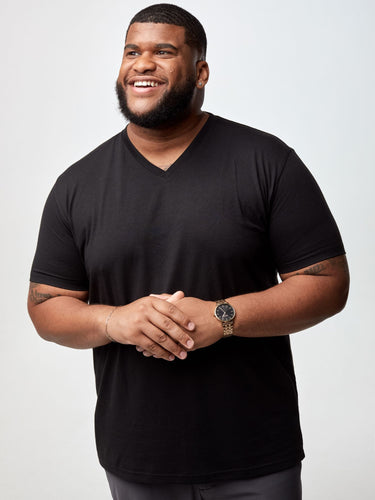 Steven is 6', 275lbs and wears a size 3xl # Black V-Neck 3XL Model | V-Neck 3-Pack, 5-Pack  | Fresh Clean Threads