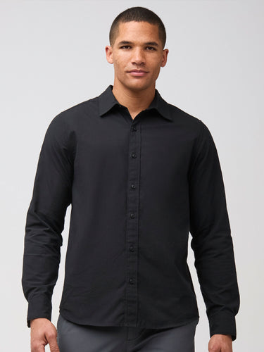 Mikah is 6'1" and wears a size medium # Long Sleeve Button Up Men's Black | Fresh Clean Threads