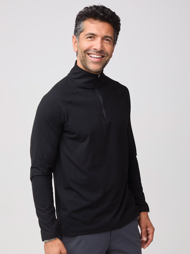Zadran is 6'0" and wears a size medium # Tech Quarter Zip Pullover in Black | Fresh Clean Threads