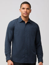 Mikah is 6'1" and wears a size medium # Long Sleeve Button Up Navy Gingham | Fresh Clean Threads