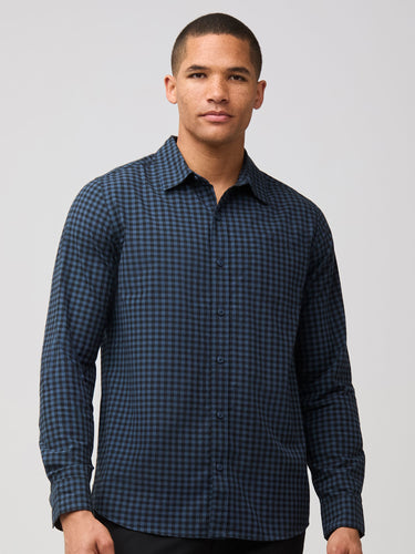 Mikah is 6'1" and wears a size medium # Long Sleeve Button Up Navy Gingham | Fresh Clean Threads