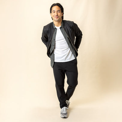 BLACK BOMBER JACKET LONG SLEEVE BUTTON UP WHITE CREW NECK LAYERED LOOK MENS