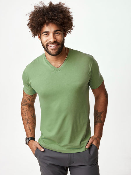 Joe is 6', 180LBS and wears a size L  # Spring Essentials V-Neck 5-Pack with Cactus Green | Fresh Clean Threads