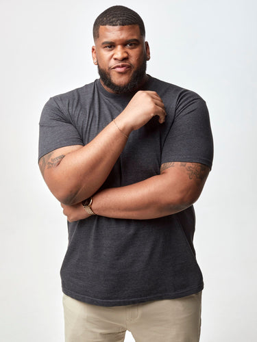 Steven is 6', 275lbs and wears a size 3XL # Grab a 5-Pack of Men's Crew Neck Tees in Fall Colors | Fresh Clean Threads