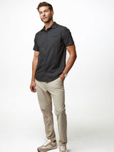 Joe is 6'2, 177LBS and wears a size L # Charcoal Short Sleeve Stretch Button Ups | Fresh Clean Threads
