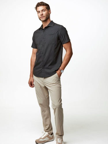 Joe is 6'2, 177LBS and wears a size L # Charcoal Short Sleeve Stretch Button Ups | Fresh Clean Threads