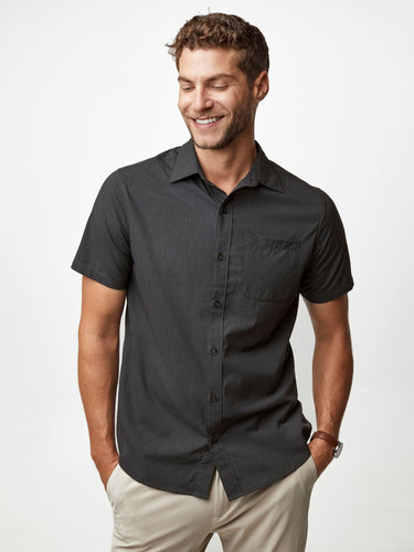 Joe is 6'2, 177LBS and wears a size L # Charcoal Short Sleeve Button Up | Essentials 3-Pack | Fresh Clean Threads