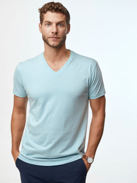 Joe is 6'2, 177LBS and wears a size L # Spring Essentials V-Neck 5-Pack with Dusk Blue | Fresh Clean Threads