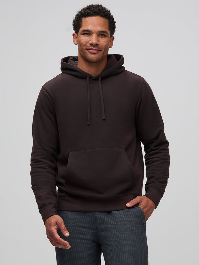 Mikah is 6'1" and wears a size medium # Espresso Pullover Hoodie Sweatshirt | Fleece Collection at Fresh Clean Threads