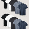 Flat lay of men's bestselling crew neck t-shirts in a 10-pack, soft durable cotton /poly tee shirts, best value multipack for everyday comfort