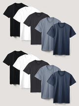 Flat lay of men's bestselling crew neck t-shirts in a 10-pack, soft durable cotton /poly tee shirts, best value multipack for everyday comfort