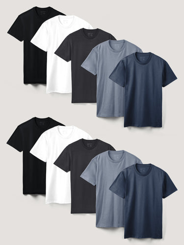 Flat lay of men's bestselling crew neck t-shirts in a 10-pack, soft durable cotton /poly tee shirts, best value multipack for everyday comfort