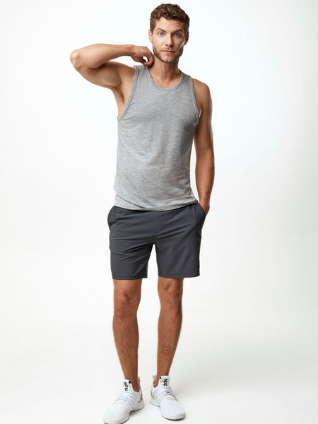 Joe is 6'2, 177LBS, waist size 32, and wears a size M # Foundation Stretch Performance Men's Shorts 2-Pack | Fresh Clean Threads