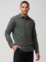 Curved hem for wearing untucked or tucked # Long Sleeve Button Up in Mercury Green Gingham | Fresh Clean Threads
