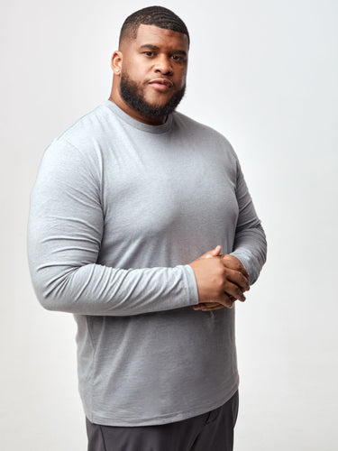 Steven is 6', 275lbs and wears a size 3XL # Long Sleeve Tee in Heather Grey | Fresh Clean Threads