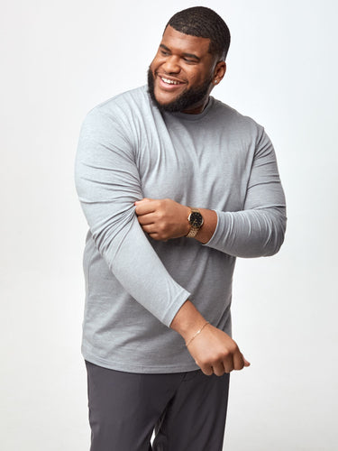 Steven is 6', 275lbs and wears a size 3XL # Long Sleeve Tee in Grey | Fresh Clean Threads