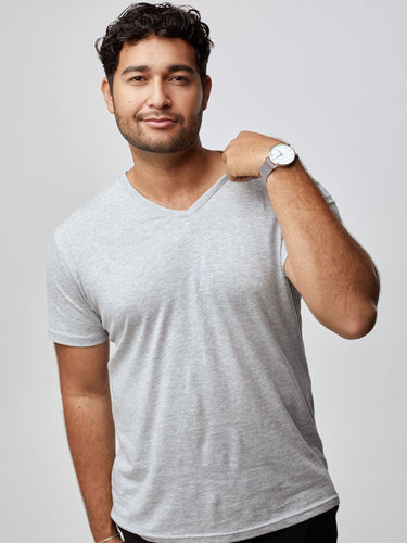 Matheus is 6', 210LBS and wears a size XL # Men's Heather Grey V-Neck Tee | Fresh Clean Threads