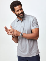 Jarrett is 6', 168lbs and wears a size M # Heather Grey Polo Shirt | Fresh Clean Threads