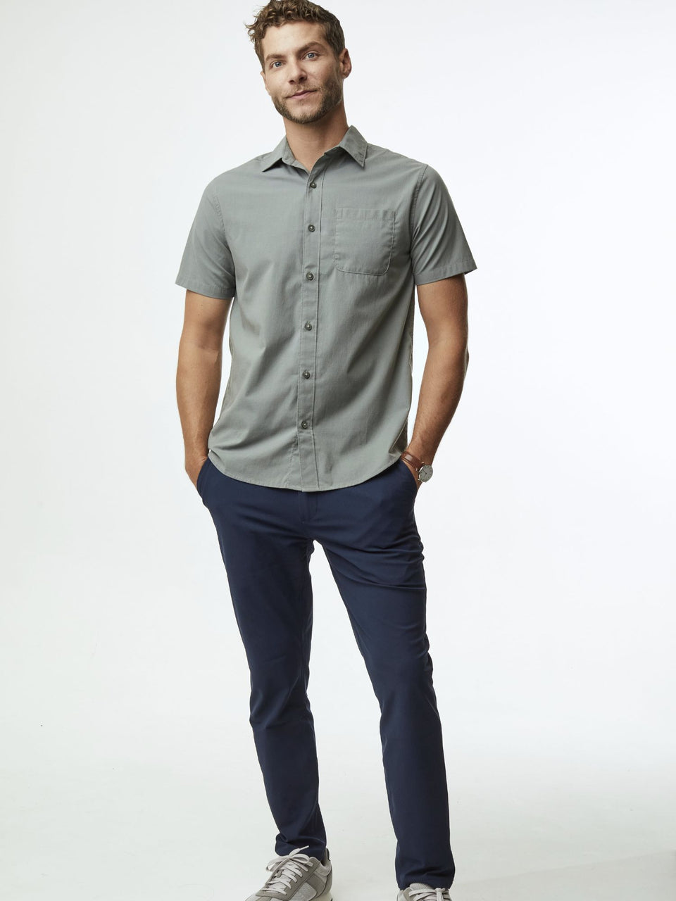 Mercury Green Short Sleeve Stretch Button Up | Fresh Clean Threads