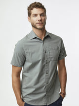 Joe is 6'2, 177LBS and wears a size L # Mercury Green Short Sleeve Stretch Button Ups | Fresh Clean Threads