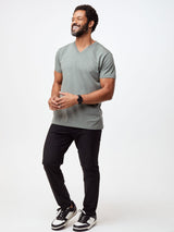Jarrett is 6', 168lbs and wears a size M # Men's V-Neck | Mercury Green | Fresh Clean Threads