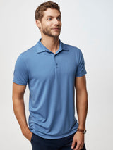 Joe is 6'2, 177LBS and wears a size L # Men's Performance Polo Monsoon Blue | Fresh Clean Threads