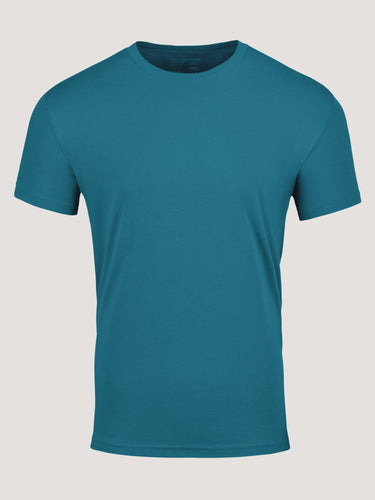 Soft StratuSoft™ cotton poly blend fabric in teal blue crew neck tee