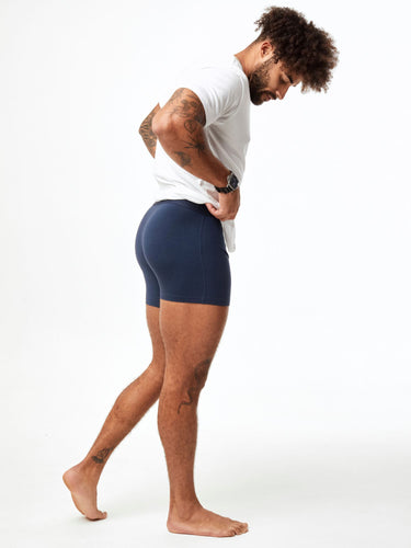 Joe V is 6', 180lbs, 32" waist and wearing size M # Men's Boxer Briefs Navy 3-Pack | Fresh Clean Threads