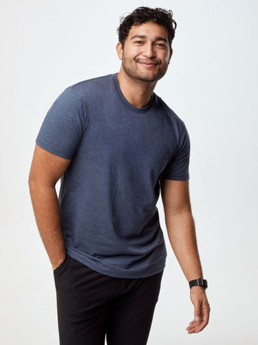 Matheus is 6', 210LBS and wears a size XL # Navy Crew Neck Shirt for Men, Available in the Fall Essentials 5-Pack