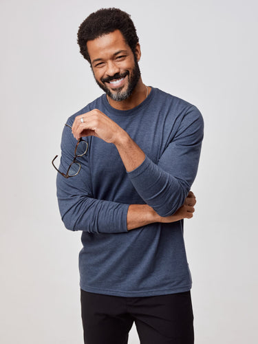 Jarrett is 6', 168lbs and wears a size M # Navy Long Sleeve Crew Tee | Best Sellers | Fresh Clean Threads