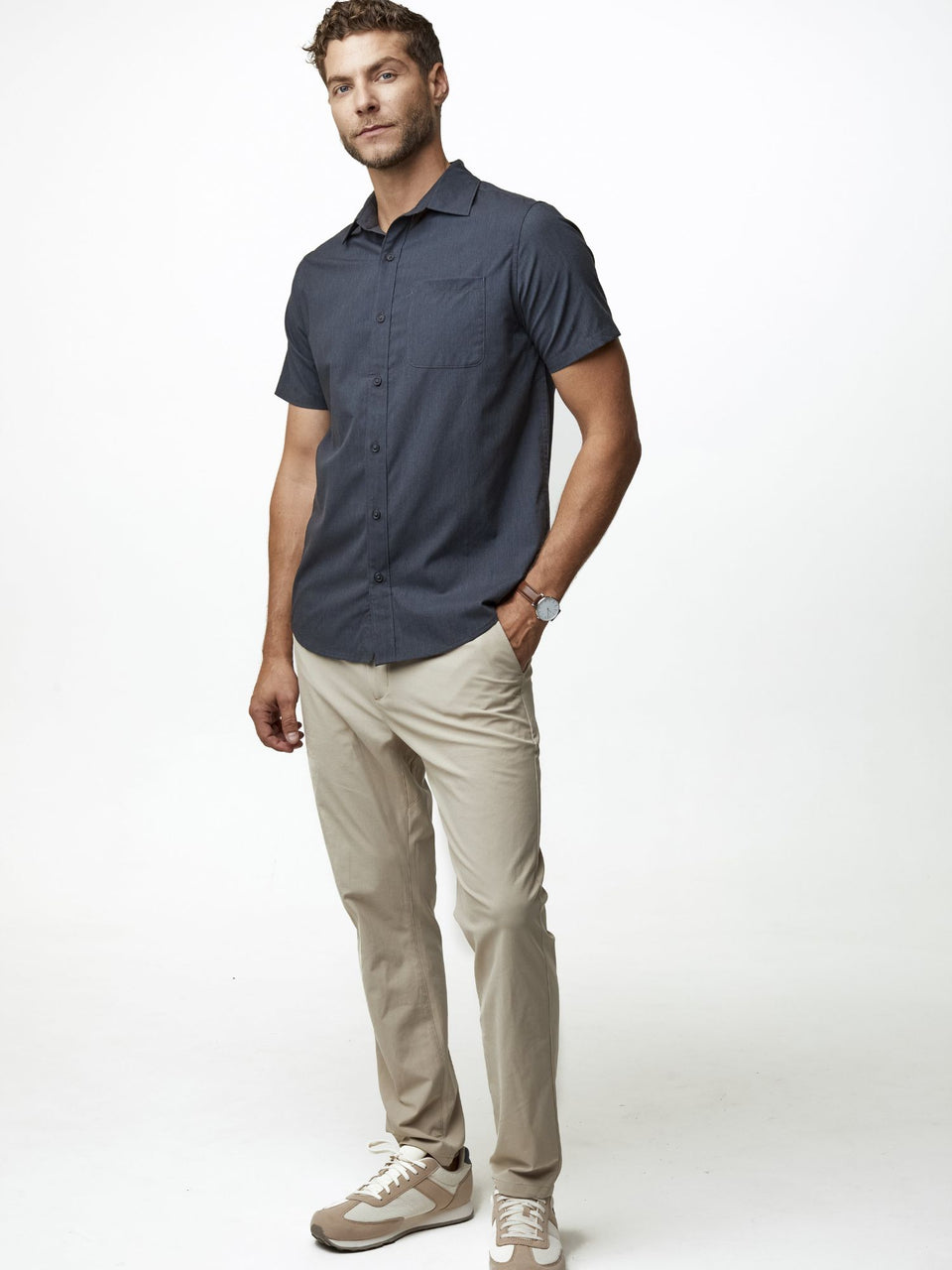 Navy Short Sleeve Stretch Button Up | Fresh Clean Threads