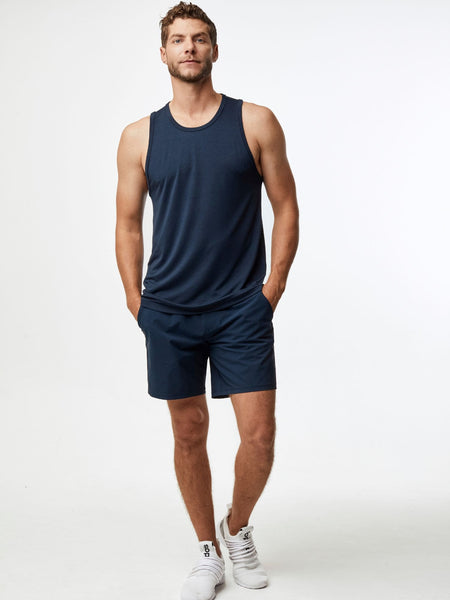 Joe is 6'2, 177LBS, waist size 32, and wears a size M # Stretch Performance Shorts | Navy | Fresh Clean Threads