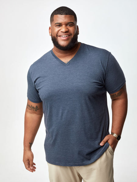 Steven is 6', 275lbs and wears a size 3xl # V-Neck Best Sellers Pack with Navy | Fresh Clean Threads