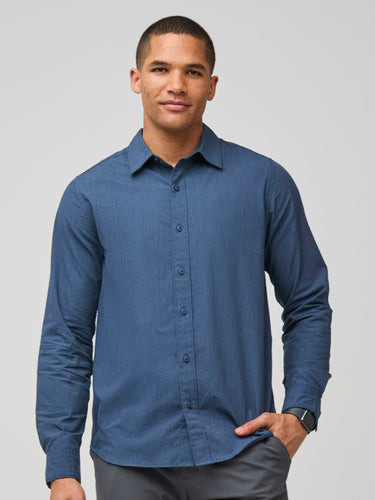 Mikah is 6'1" and wears a size medium # Navy Long Sleeve Button Up Shirt | 4-Way Stretch Fabric