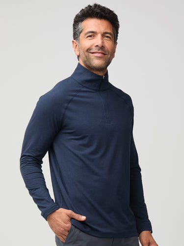 Zadran is 6'0" and wears a size medium # Navy Tech Quarter Zip Pullover | Fresh Clean Threads