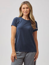 Taylor is 5'11" (size 4-6) and wears size M # Odyssey Blue Women's Crew Neck Tee | FCT