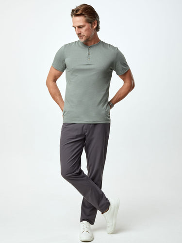 Ariel is 6'1, 175lbs and wears a size M # Men's Henley Mercury Green | Fresh Clean Threads