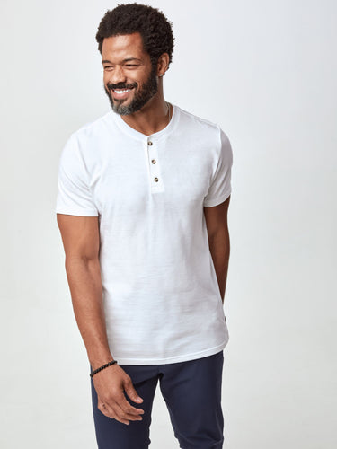 Jarrett is 6', 168lbs and wears a size M # Men's White Short Sleeve Henley Shirts | Premium Fabric, Perfect Fit